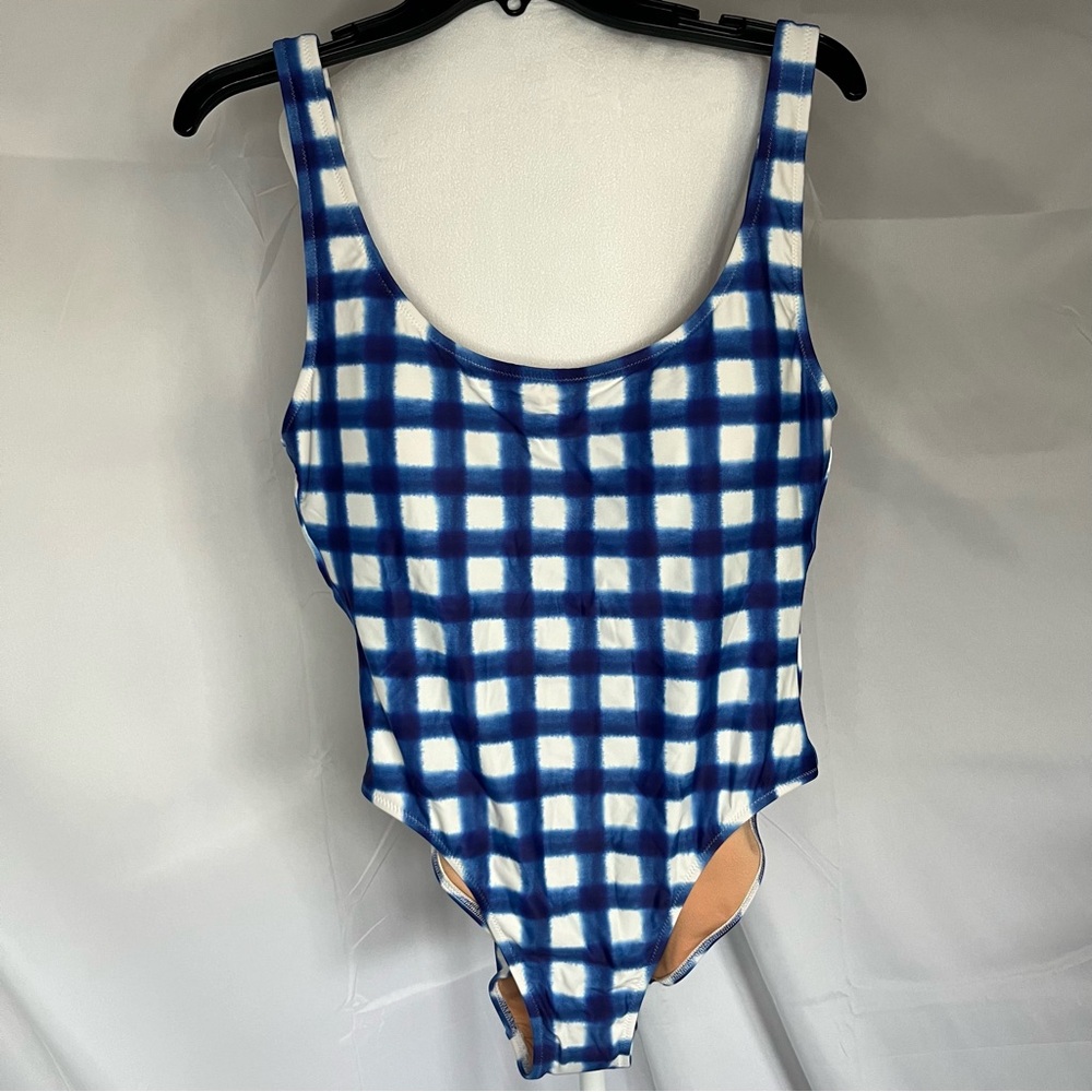 J. Crew Scoopneck one-piece‎ swimsuit Blue gingham 10 Beach Pool Summer Ocean